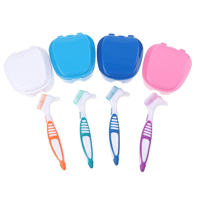 1set Denture Box And Brush Retainer Cleanning Denture Case Multi-Layered Bristle False Teeth Brush (1*Denture Case+1Teeth Brush)