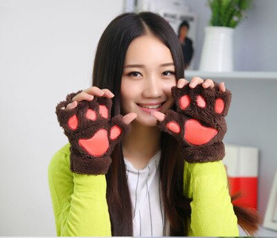 Cat Claw Gloves Winter Cute Cartoon Cat Girl Naked Gloves Thicker Fluffy Bear's Paw Half Finger Gloves