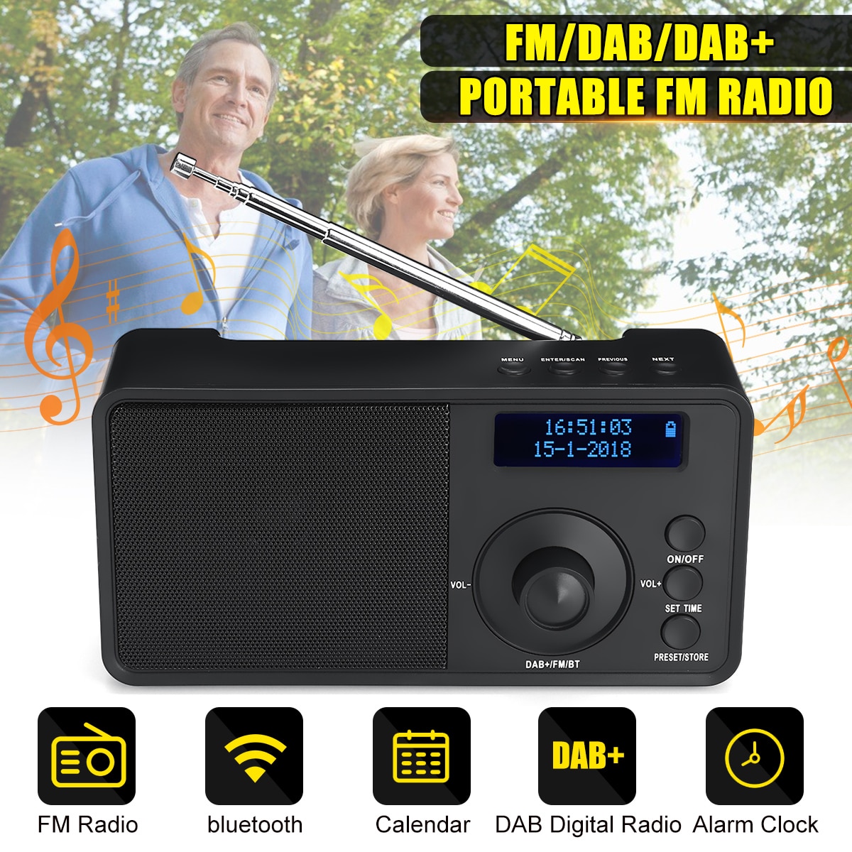 Portable DAB DAB+FM Digital Radio Player Receiver Handheld bluetooth Mini Music Stereo Radio Speaker Support AUX LCD Alarm Clock