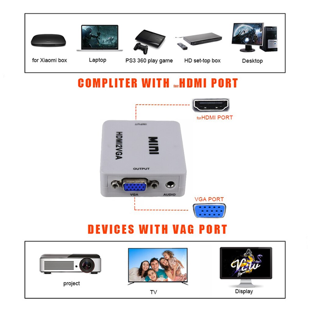 Portable HD 1080P MINI HDMI to VGA Converter With Audio VGA2HDMI Video Box Adapter For Computer HDTV Projector For Xbox DVD PS3