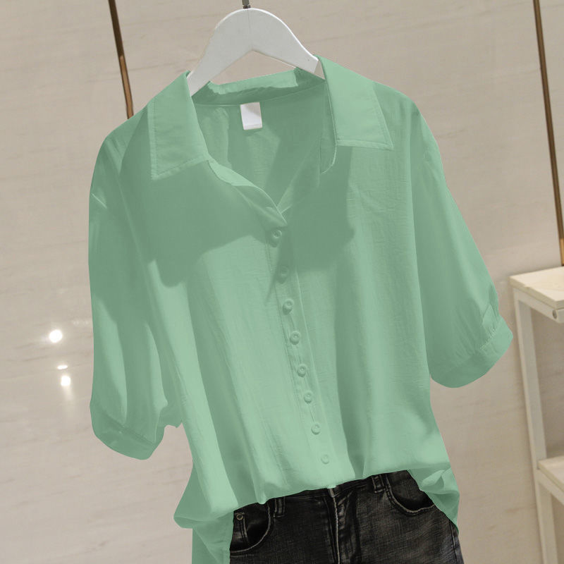 Summer Korean Solid Lapel Buttons Simple Oversized Short Sleeve Shirt Female Loose Casual Fruit Green Blouse Blusas