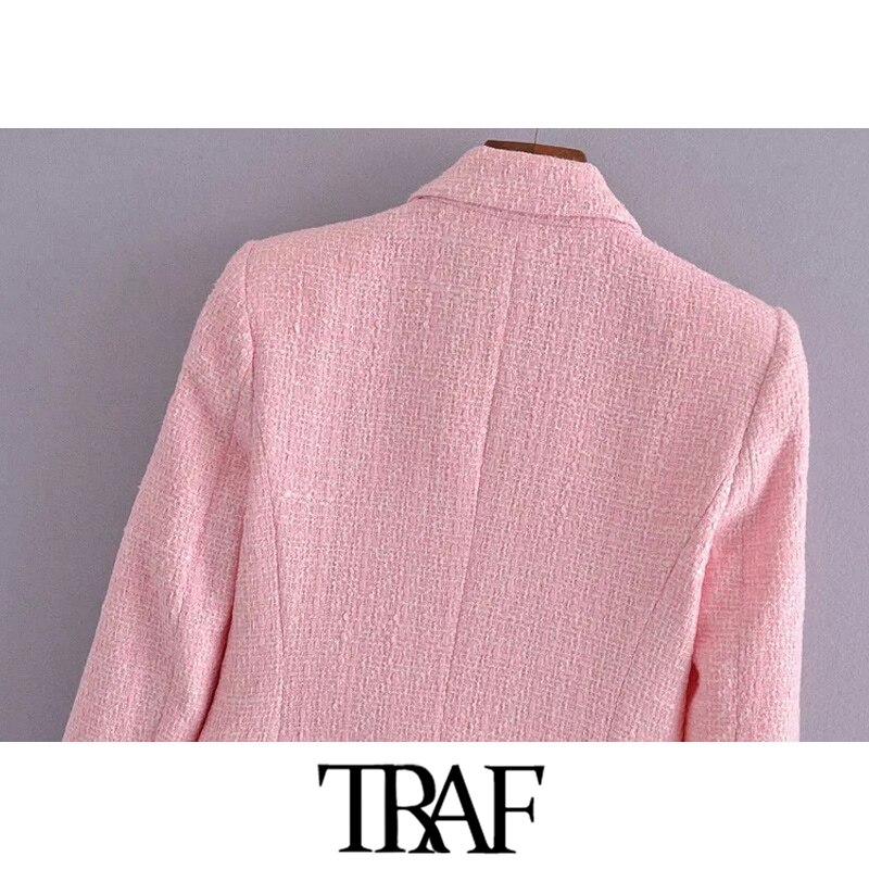 TRAF Women Double Breasted Tweed Check Blazer Coat Vintage Long Sleeve Pockets Female Outerwear Chic Veste
