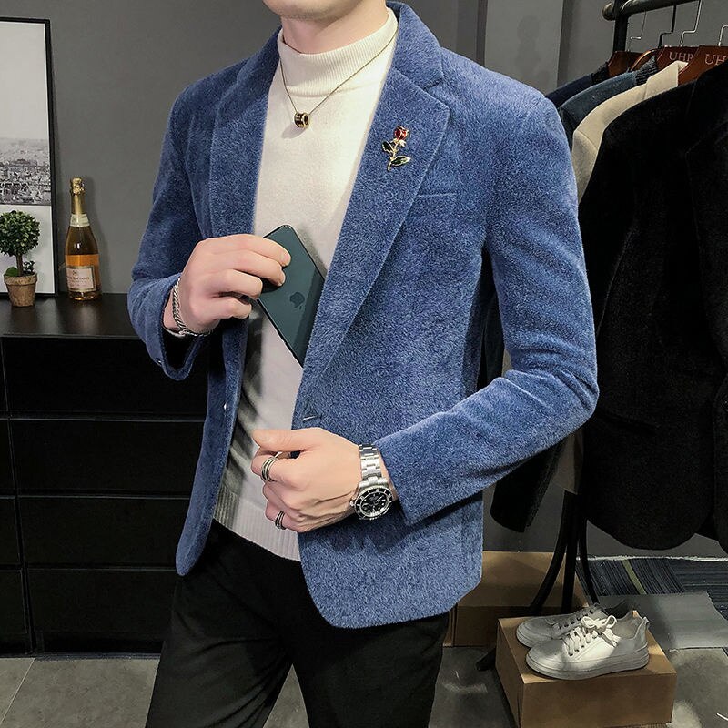 Chaqueta de Tweed informal para Hombre, Americana, Blazers con estilo, de otoño, de terciopelo, ajustada,