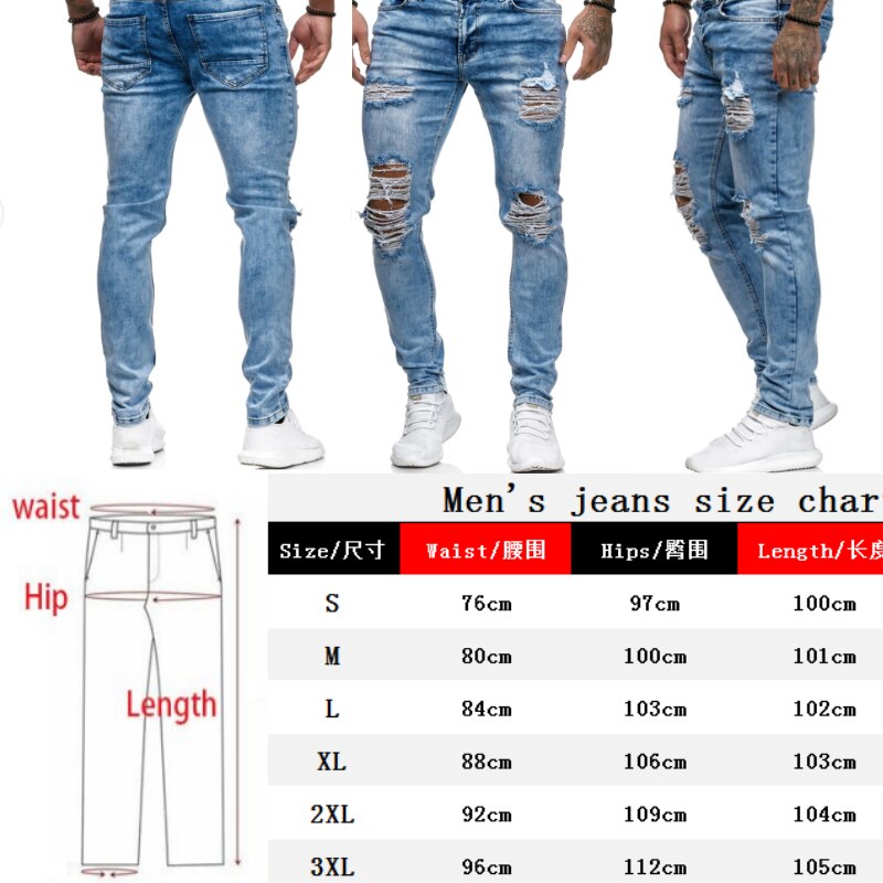 Men Ripped Skinny Jeans Hole Pencil Denim Pants Moto Biker Party Casual Cowboy Trousers Street Men Clothing