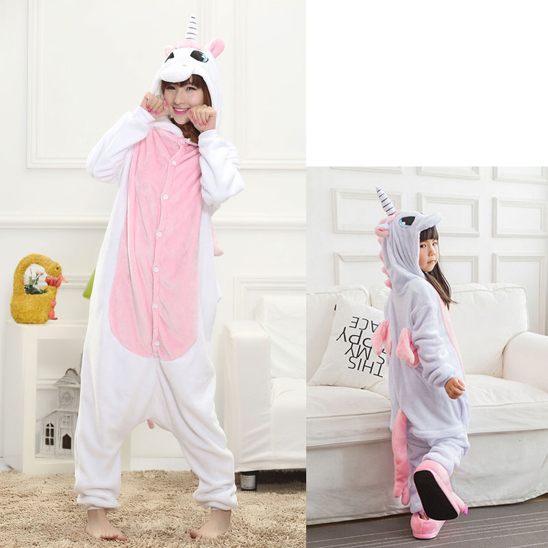 Pink White Unicorn Onesie Women Girl Animal Kigurumis Flannel Sleep Jumpsuit Cute Funny Overalls Winter Warm Suit Adult Child