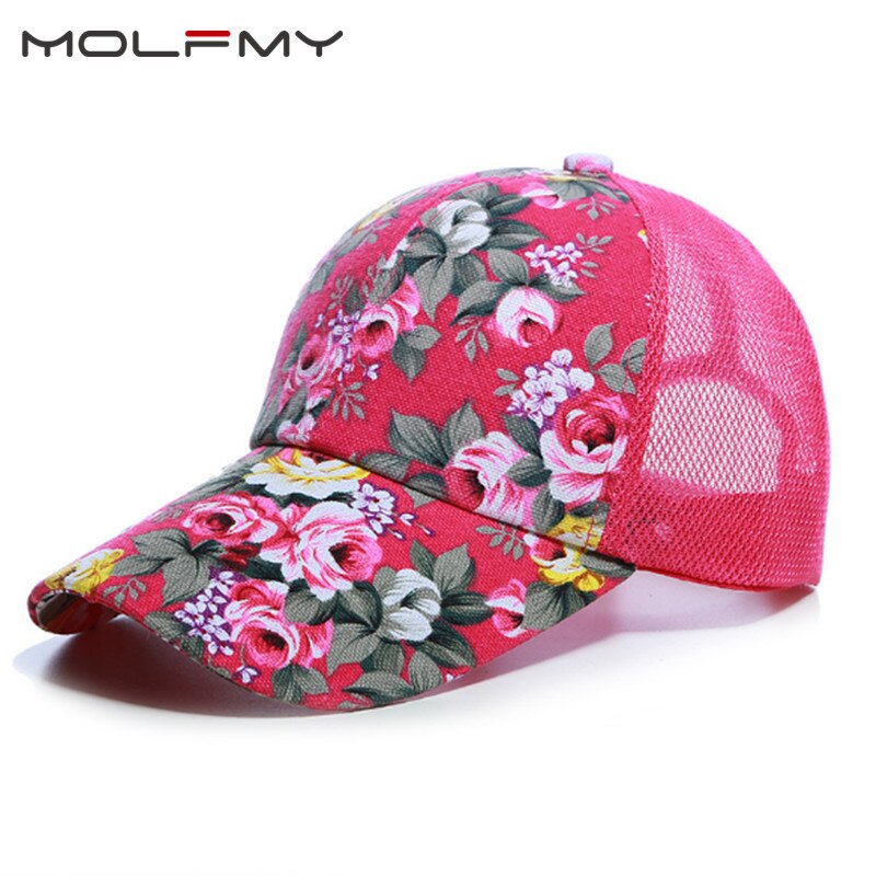 Boné ajustável com estampagem de flores para mulheres, chapéu de sol selvagem casual para meninas, snapback respirável, malha ajustável, simples e multicolorido, verão 2021