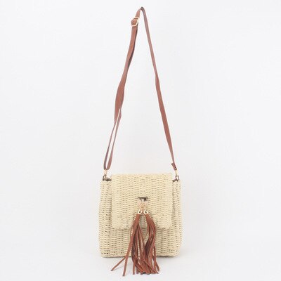 Bolso de mimbre de paja tejida para mujer, bolso de hombro con solapa, informal, pequeño, de borla, para playa, cruzado, para verano,: Beige