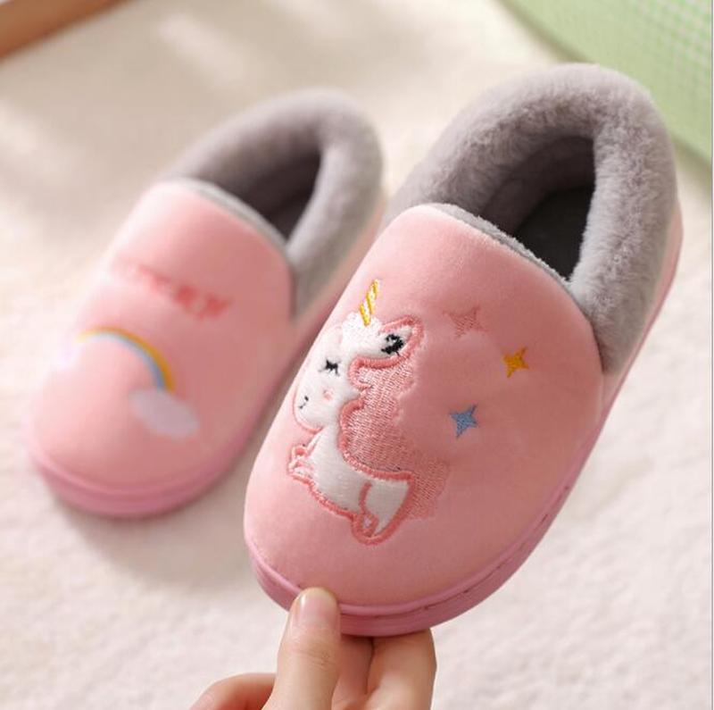 Eenhoorn Kids Slippers Voor Peuter Jongens Indoor Schoenen Baby Meisje Bont Slides Katoen Flip Flop Warme Winter Huis Kinderen Slipper