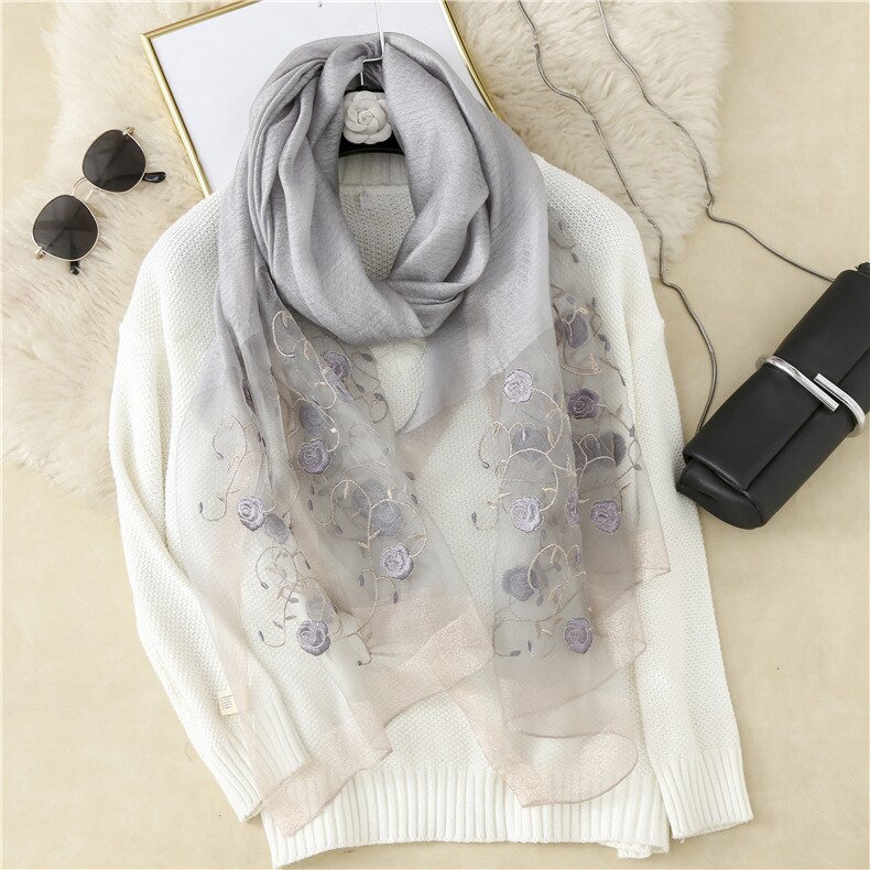 Real Silk and Wool Women Scarf Floral Embroidery Lady Headband Scarves Pashmina Shawl Wraps Bandana Hijab Big Size Beach: 3