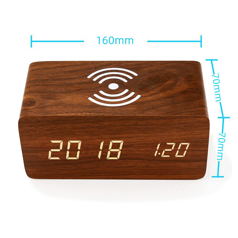 Wireless charging table clock digital alarm clock led decorative clock alarm clock table clock electronic clock with thermometer: Brown White