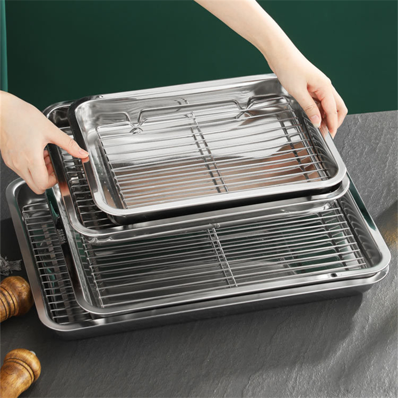 Placas de almacenamiento rectangulares, utensilios para hornear de acero inoxidable con rejilla de refrigeración, bandeja para hornear para horno de cocina, bandeja con filtro de aceite, bandejas para servicio de alimentos