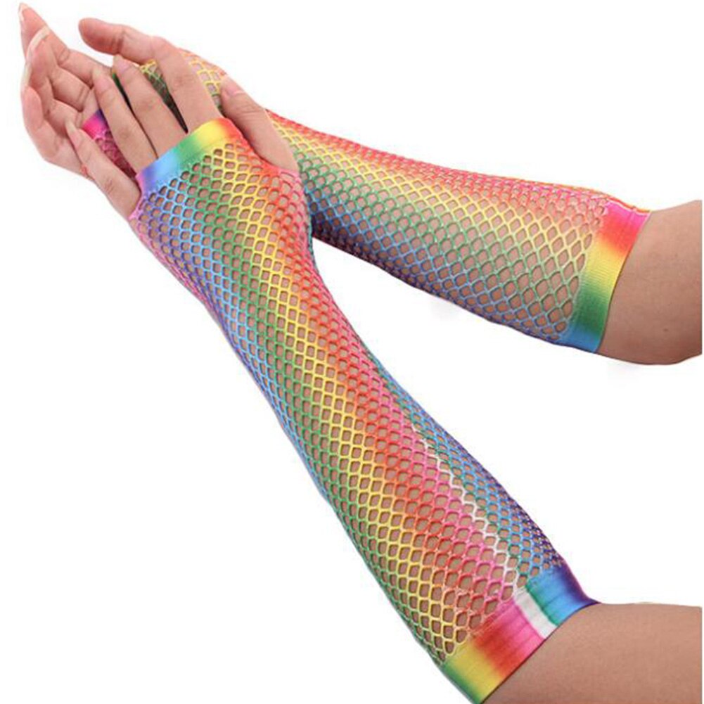 Neue Damen sexy Regenbogen Farbe Gittergewebe Netz Fischnetz Handschuhe Aushöhlen Löcher Finger Handschuhe Dame Disko tanzen Kostüm Halbe Handschuhe