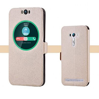 Cubierta de ventana abierta para ASUS ZenFone Selfie Funda de cuero fundas de teléfono piel para ASUS ZD551KL Z00UD flip shell back cubierta: Dorado