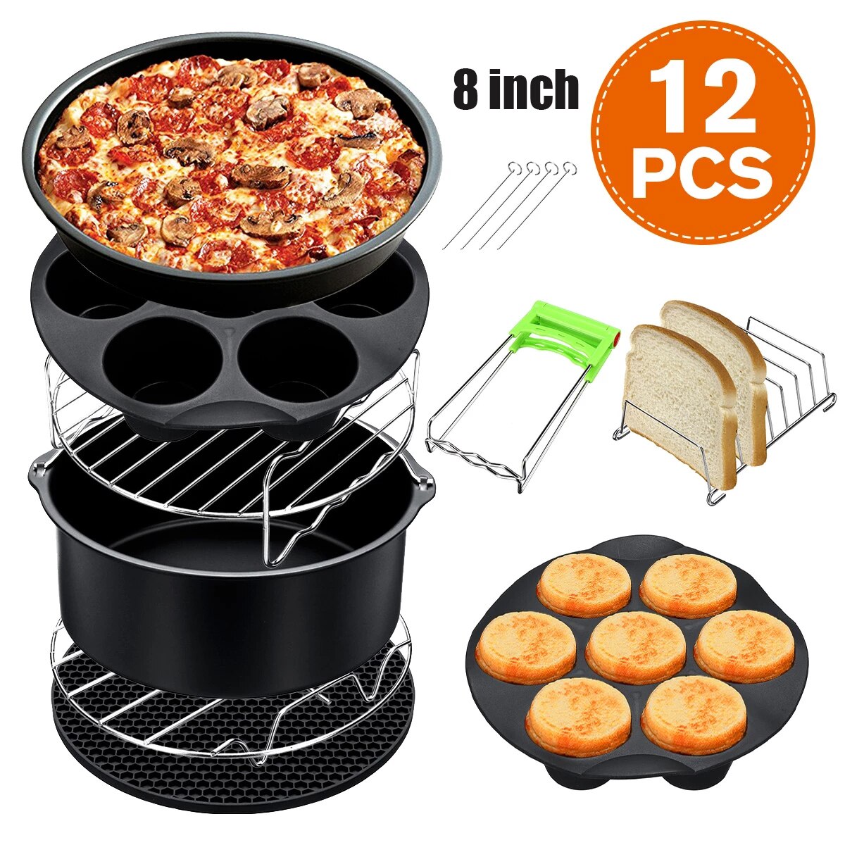 12 stk tilbehør til frituregryder 8 tommer passer til airfryer 5.2-5.8qt bagekurv pizza plade grill pot køkken madlavningsværktøj til fest