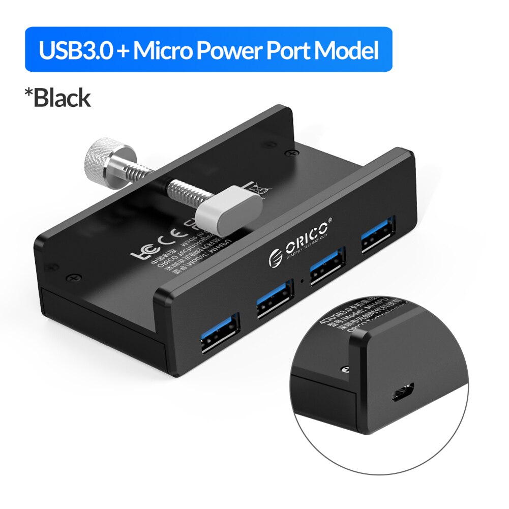 ORICO MH4PU USB HUB Aluminum 4 Ports USB 3.0 Clip-type HUB Multi USB Splitter Adapter 10-30mm Range Clip For Laptop PC Computer: MH4PU P Black