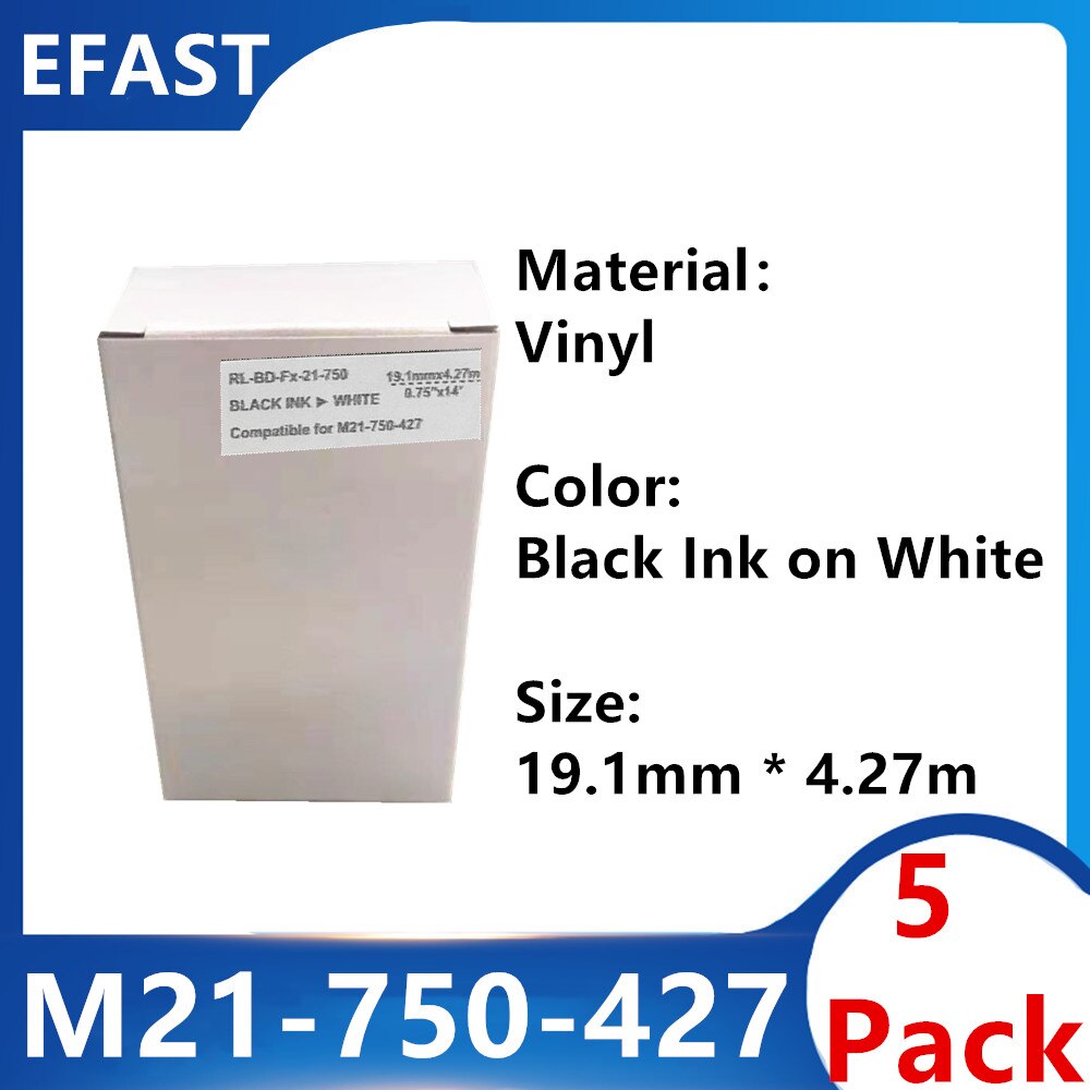 10 Pack M21 750 427 nastro per etichette in vinile nero su bianco per stampante BMP21 PLUS nero su M21-750-427 bianco 19.1mm * 4.27m: 5 Pack