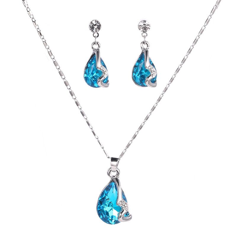 Fijne Sieraden Oostenrijk Crystal Gemstone Blue Hanger, vrouwen Bruiloft Sieraden Set 925 Sterling Zilveren Ketting Oorbellen Set S