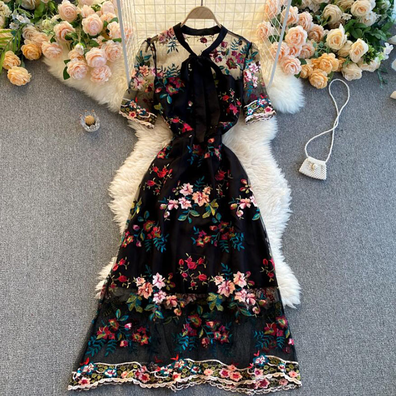 Party Lace Mesh Dress Women Flower Embroidery Dress Summer Female Bow Collar Short Sleeve Long Dress Vestidos