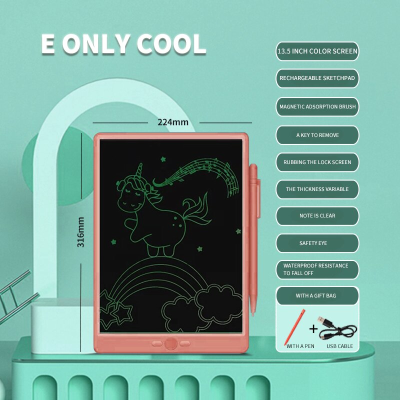 Rechargeable Graphics Tablet 13.5-Inch LCD Eye Protection Screen Anti Graphics Tablet Lightweight Portable Graphics Tablet: 13.5inch single pink