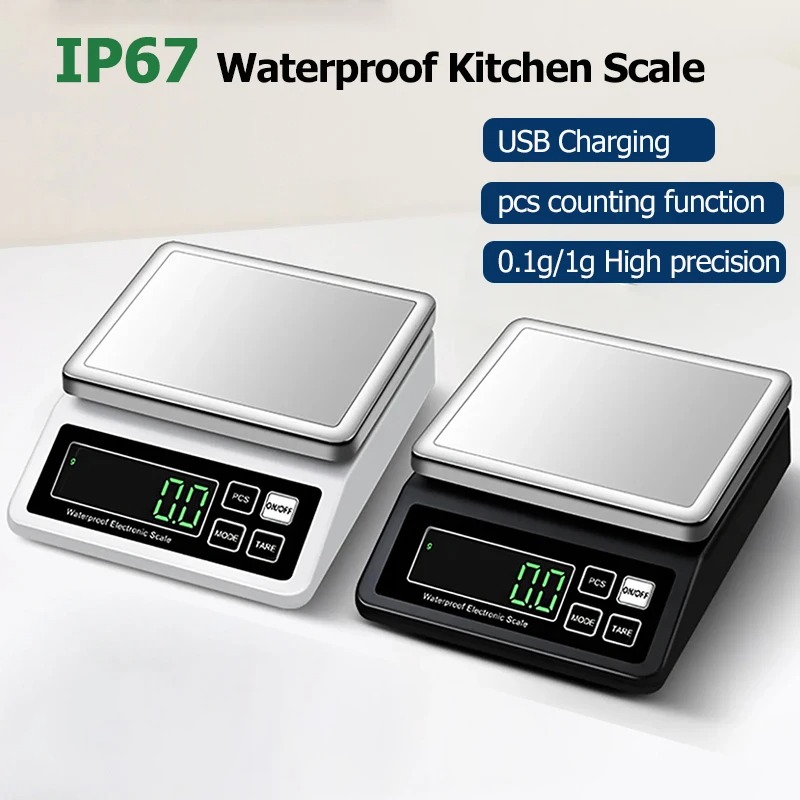 Wiederaufladbare Küchenwaage, IP67, vollständig wasserdicht, Heimküchenwaage, 0,1 g/1 g, hochpräzise elektronische Waage, 3 kg/5 kg/10 kg/15 kg