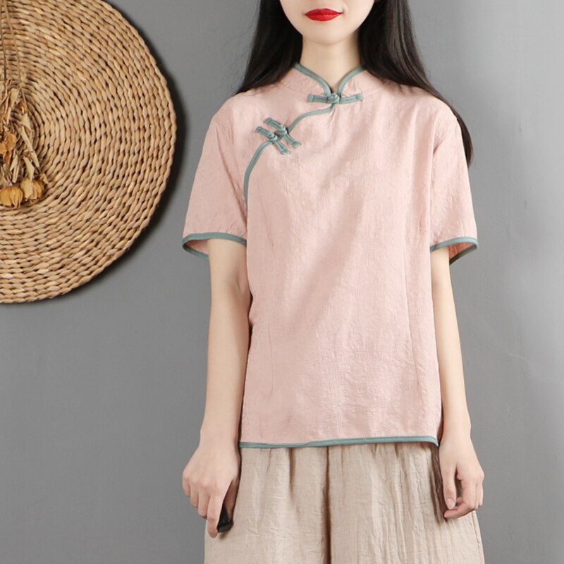 Qipao chino tradicional para mujer , top de algodón de manga corta y lino, tops de hadas hanfu, camisa tang vintage de encaje chino: color2