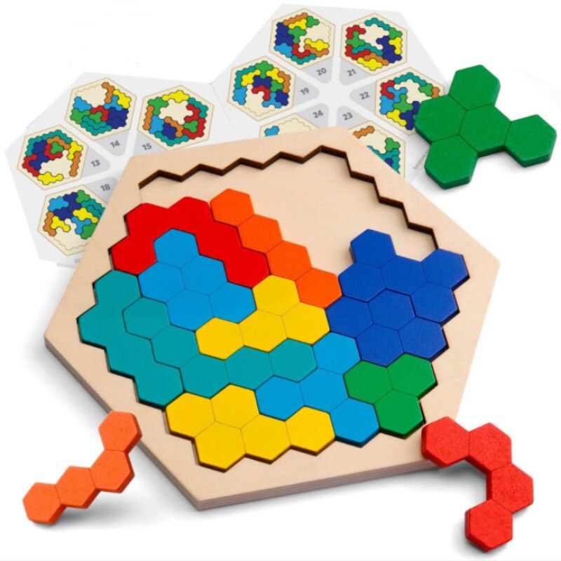 Rompecabezas de madera Hexagonal geométrico para niños, puzle de desarrollo intelectual, diversión, visión en Color, educativo, Toy3D, educativo