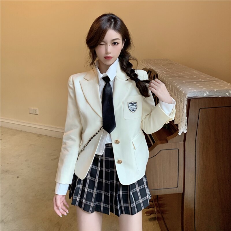 Women Spring Thin JK Suit High Waist Japan Preppy Style School Uniform Short Badge Blazer Coat Top Outwear Clothes