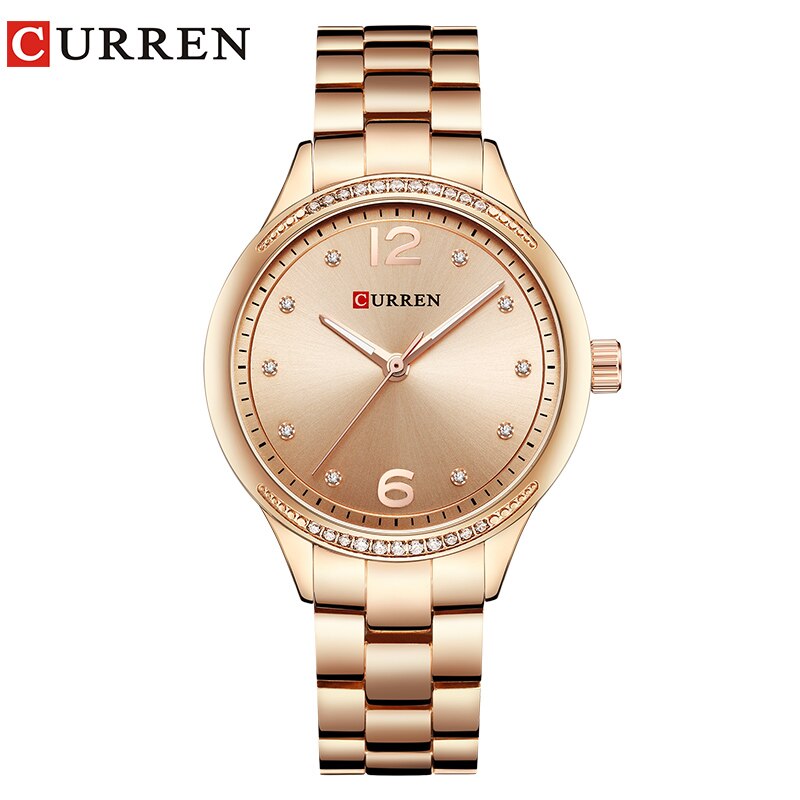 CURREN Watch Women Luxury Brand Dress Ladies Wristwatch Rhinestone Quartz Clock Stainless Steel Waterproof Montre Femme: rose