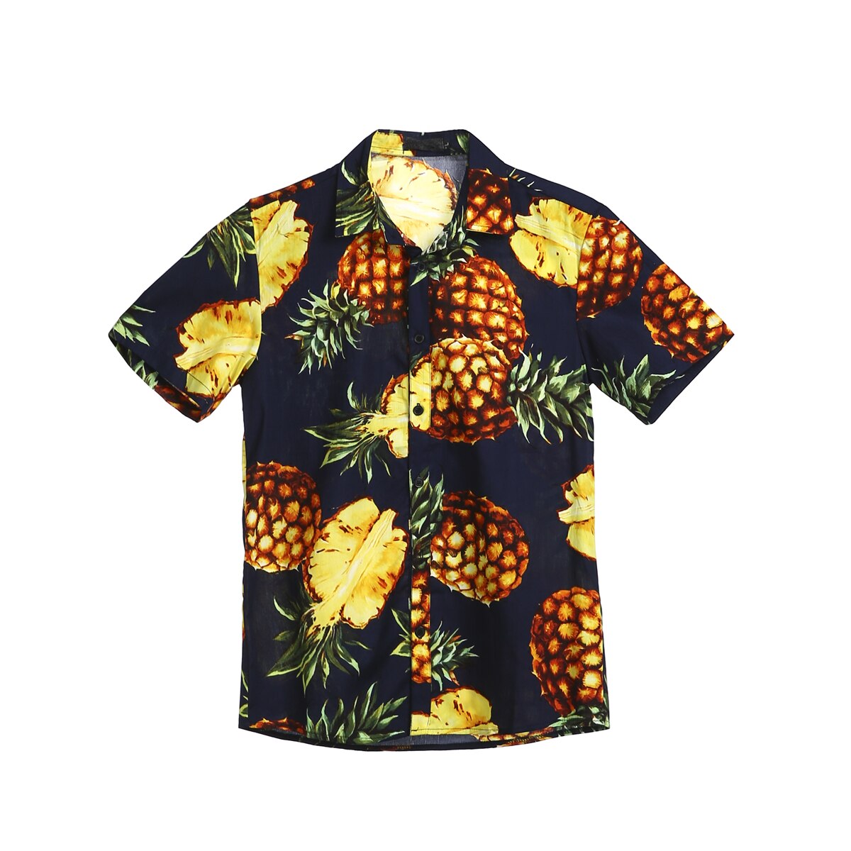 Miesten kesä ananasprinttipaidat rento lyhythihaiset havaijilaiset rantatopit alaspäin kaulus mies trooppinen camisa masculina paita: Laivastonsininen / Xxxl