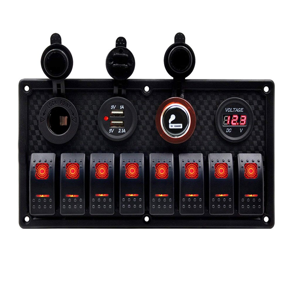8- gängs vippbrytare panel kontroll bil marin båt strömbrytare panel dubbla usb-laddningsportar cigarettändaruttag: 8 gäng röd led