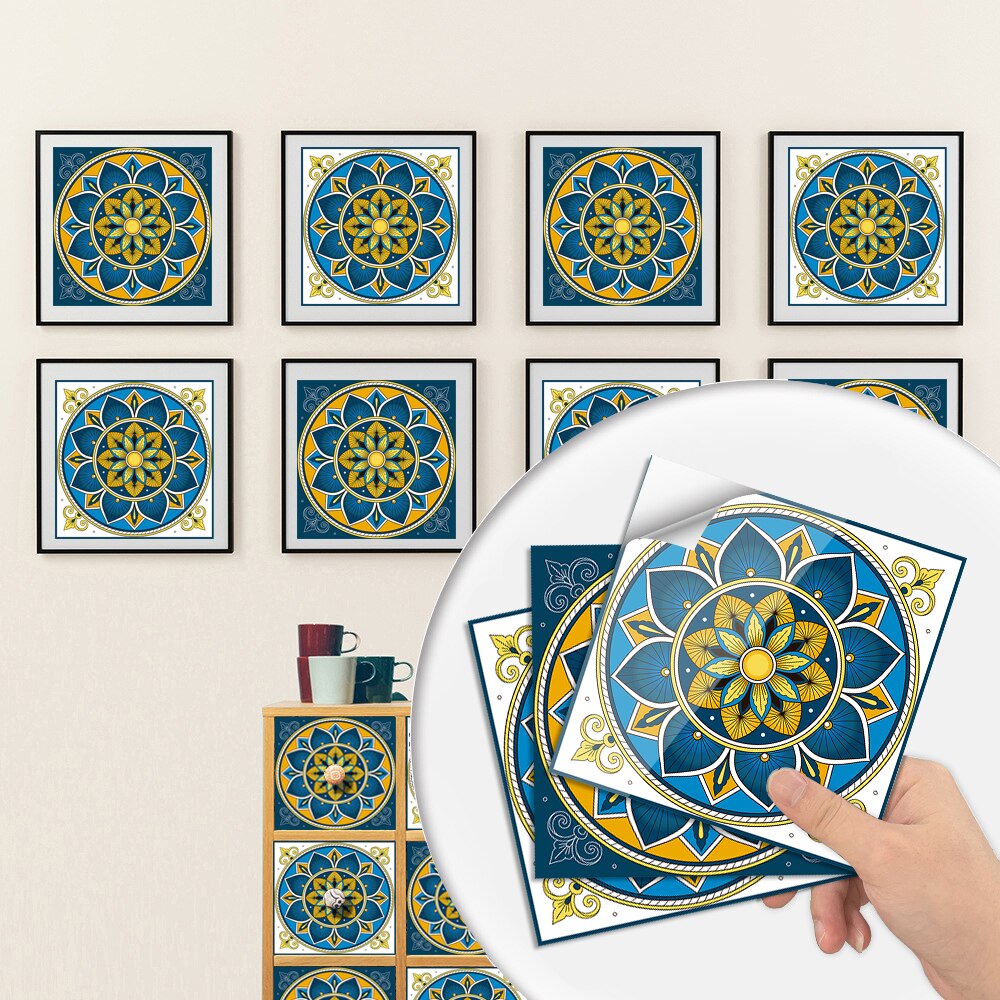 10pcs/lot Colorful Mandala Style Hard Tiles Wall Sticker Kitchen Backsplash Bathroom Art Mural Waterproof & Oil-proof Wallpaper