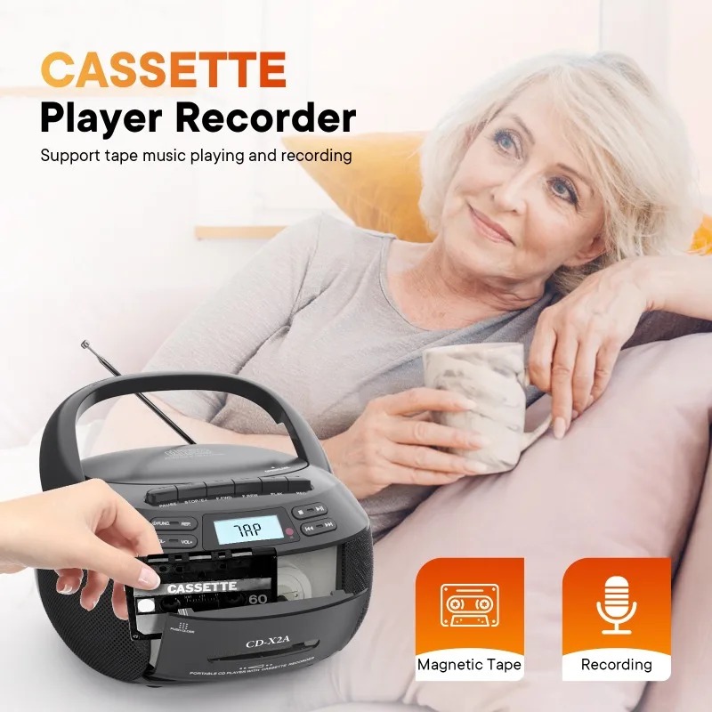 Boombox CD Player Portable Cassette AM FM Radio Bluetooth Speakers AUX USB MP3 Plays with Remote Control Support AC/DC Powered