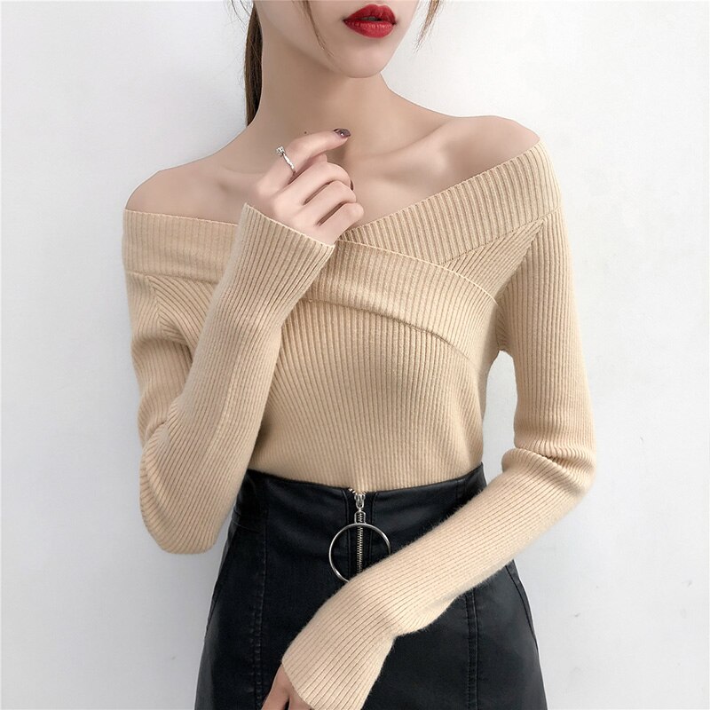 V-ringad tvinnad ryggtröja dam tröjor hösttröjor casual toppar långärmade stickade tröjor off shoulder pull femme: Beige