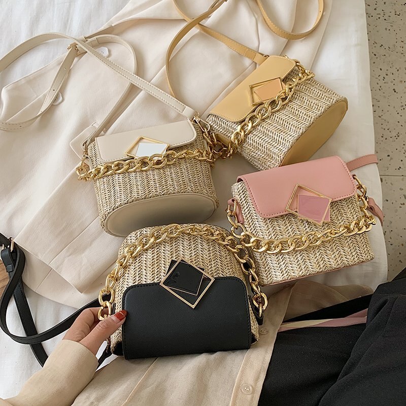 Kleine rieten emmertassen voor dames, zomerse crossbodytassen, reistassen en handtassen voor dames, schoudertassen voor dames
