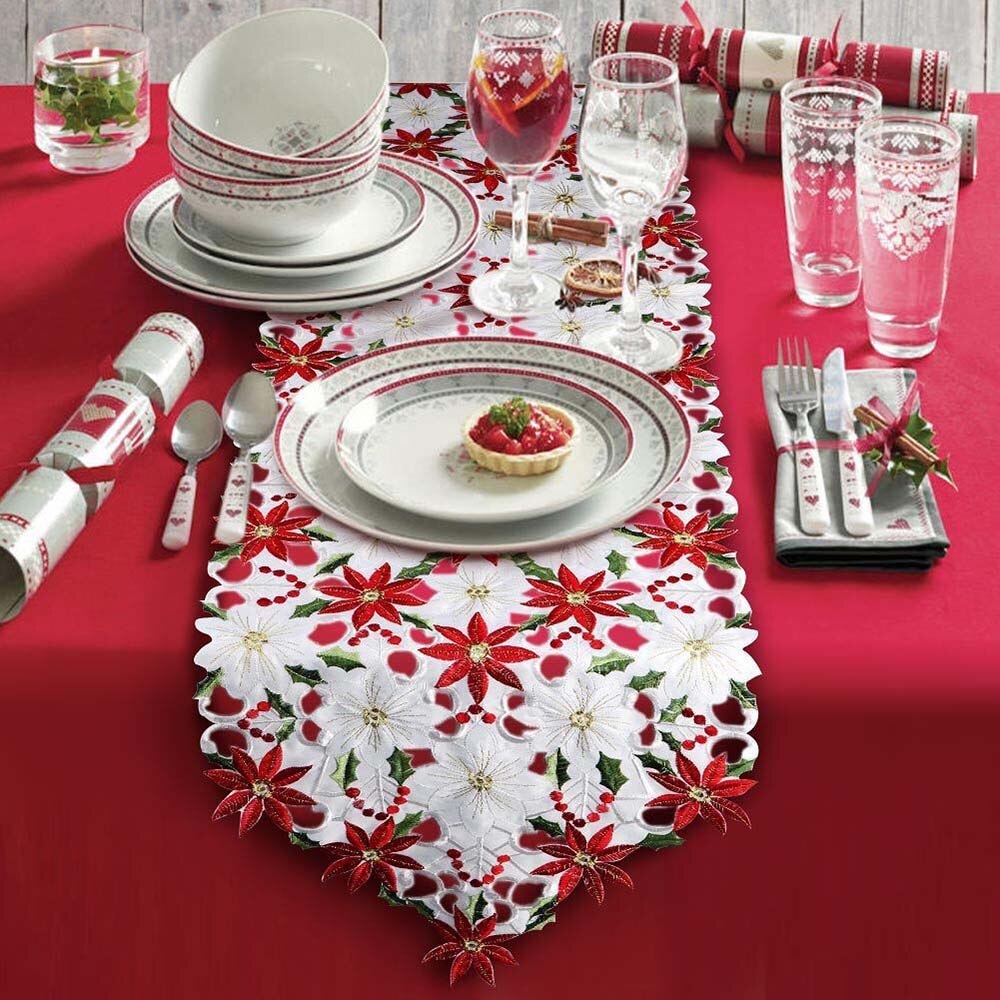 Christmas Embroidered Table Runner Poinsettia Holly Leaf Table Linens High Special Tablecloth Home Decoration