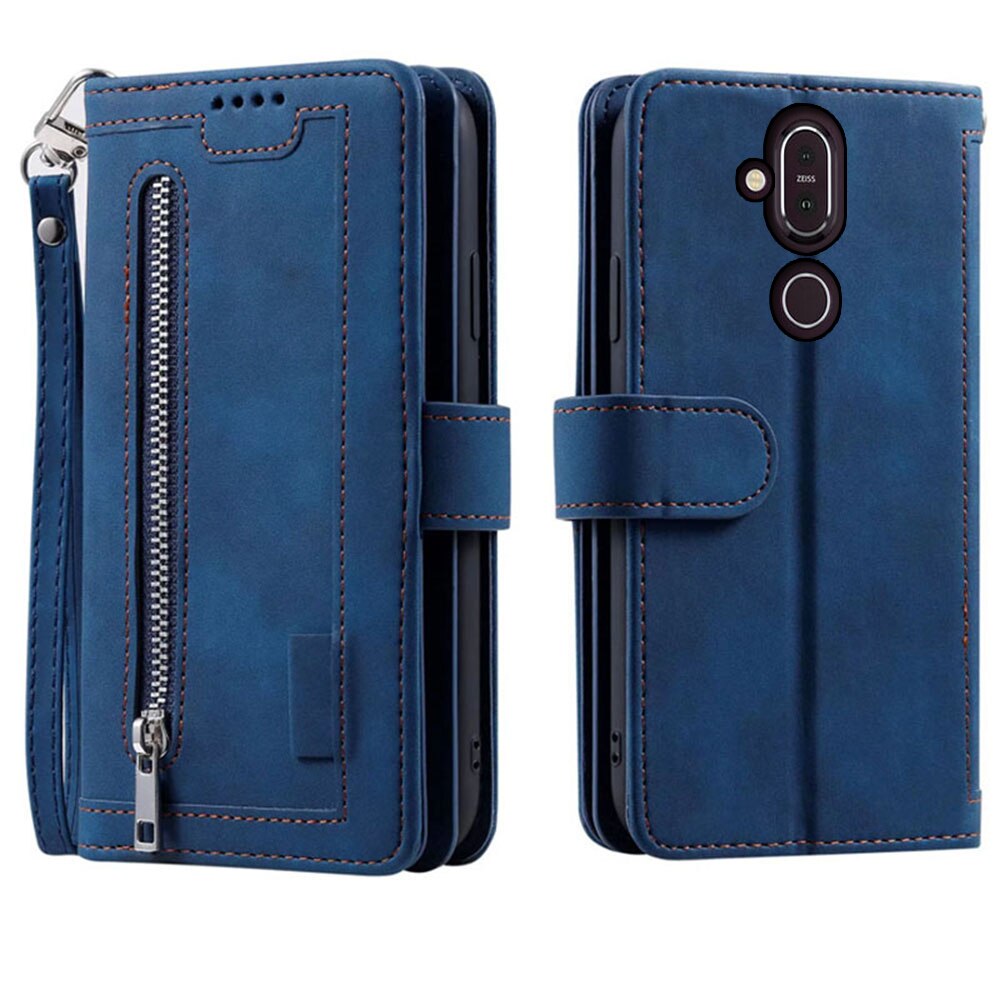 9 Cards Wallet Case For NOKIA 7.1 PLUS Case Card Slot Zipper Flip Folio with Wrist Strap Carnival For NOKIA X7 8.1 Cover: For NOKIA 7.1 PLUS / Blue