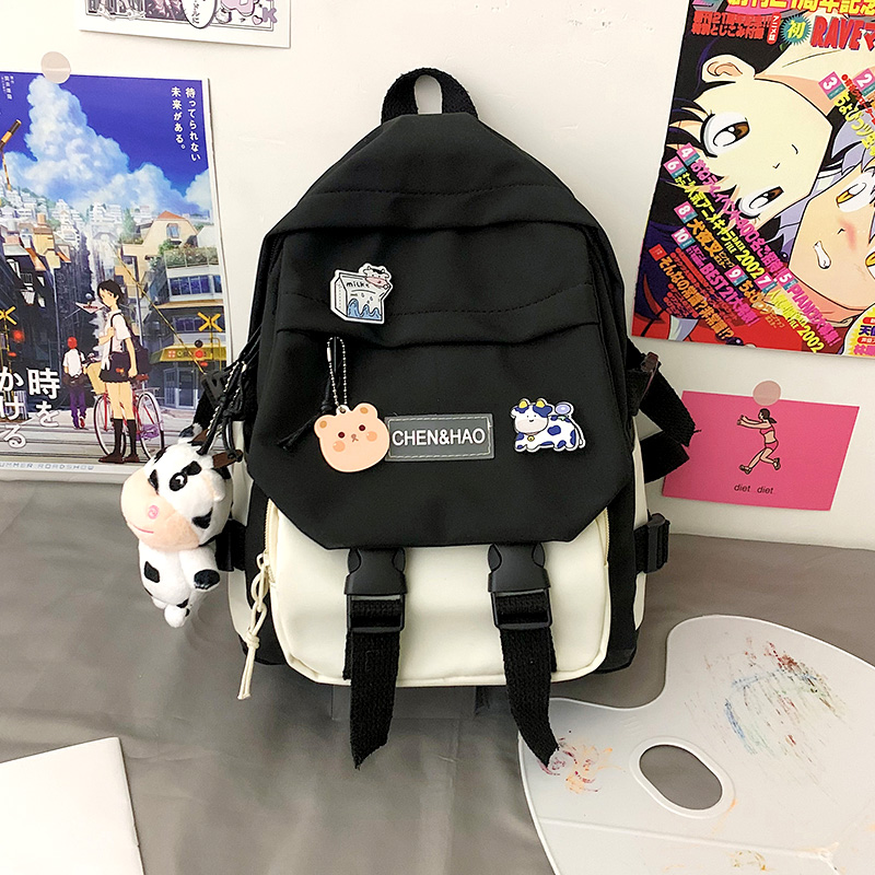 Teen Girls Small Backpack Cute contrast color female student mini schoolbag cool waterproof nylon travel backpack: Black / With Pendant