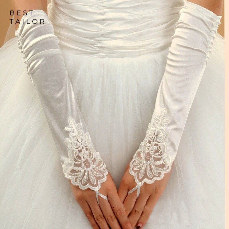 Wedding Bridal Handschoenen Vingerloze Elleboog Zwart Ivoor Wit Rood Parels Kralen Lange Manchetten Bruiloft Accessoires Mariage Gant Femme