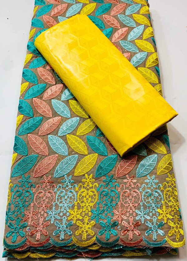 African Guinea Bazin Brocade Damask Fabric for Femme Robe Bazin Riche Brode with Swiss Cotton Lace 2.5+2.5 yards/set YKM022
