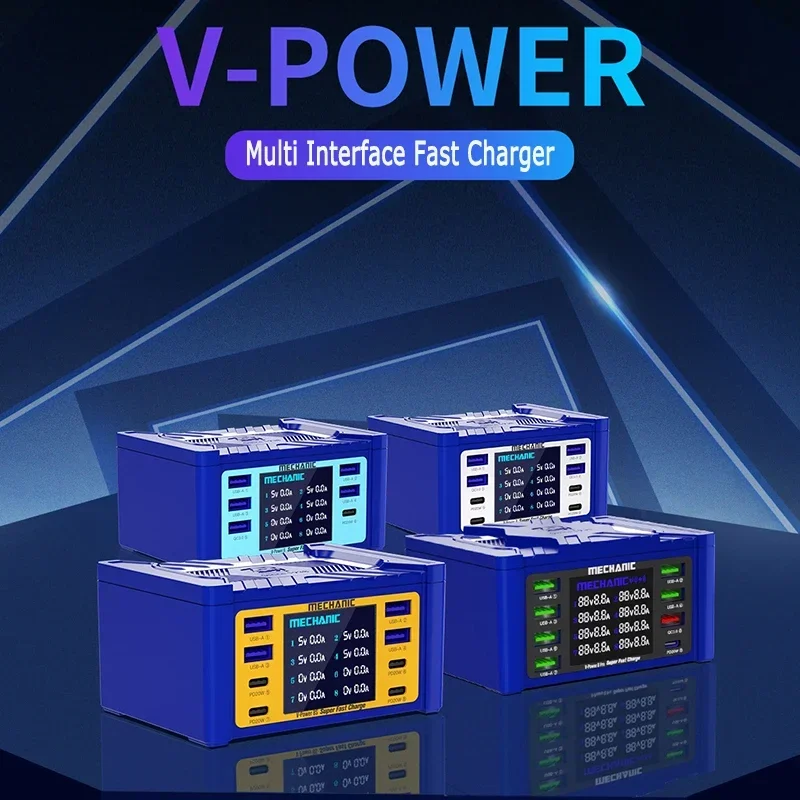 MECHANIC V-Power 8 8S 8pro Super Fast Charger USB Multi Port Charger Digital Display Phone Pad Watch Quick Charging
