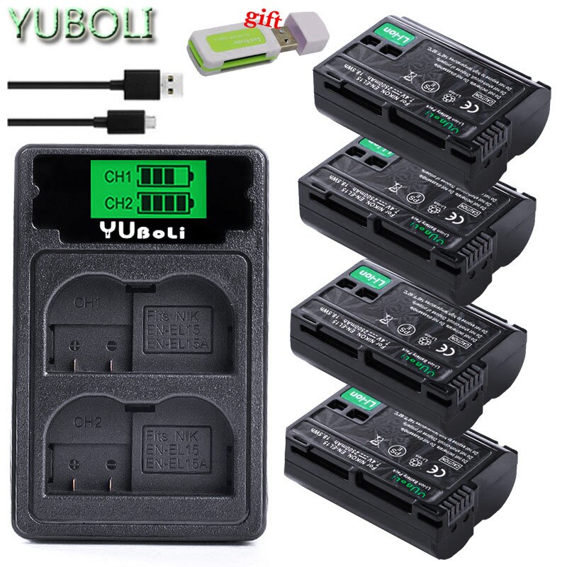 Bateria en  el15 el15a en -el15a enel 15 en-el15 batteri för nikon  d500 d600 d610 d750 d7000 d7100 d7200 d800 d800e d810 d810a & 1 v1: Laddare och 4 batterier