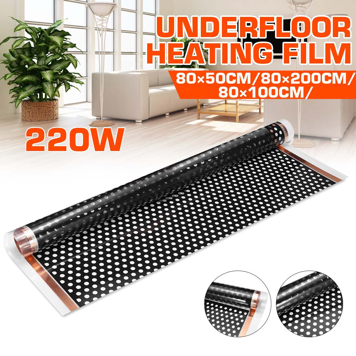 80 x 200cm 220w kulfiber elektrisk varmemåtte infrarød varm gulvvarmefilm elektrisk gulvvarmefilm