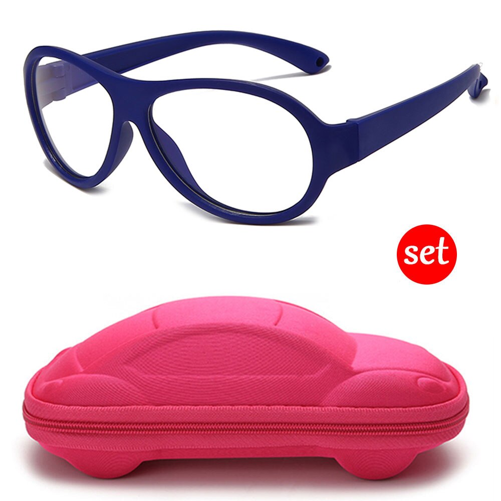 Longkeeper anti blåt lys børnebriller med bilformet brilleetui børn fleksibelt optisk stel eyeware dreng pige briller: Blå-pink case