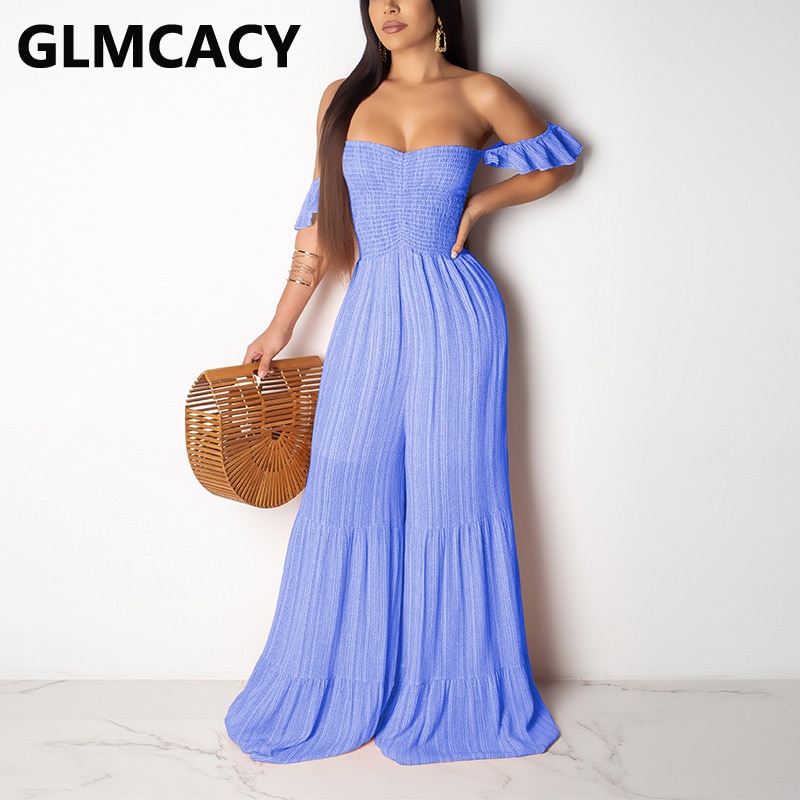 Vrouwen Off Shoulder Franje Zoom Jumpsuits Elegante Wijde Pijpen Losse Overalls Jumpsuits: Blauw / S