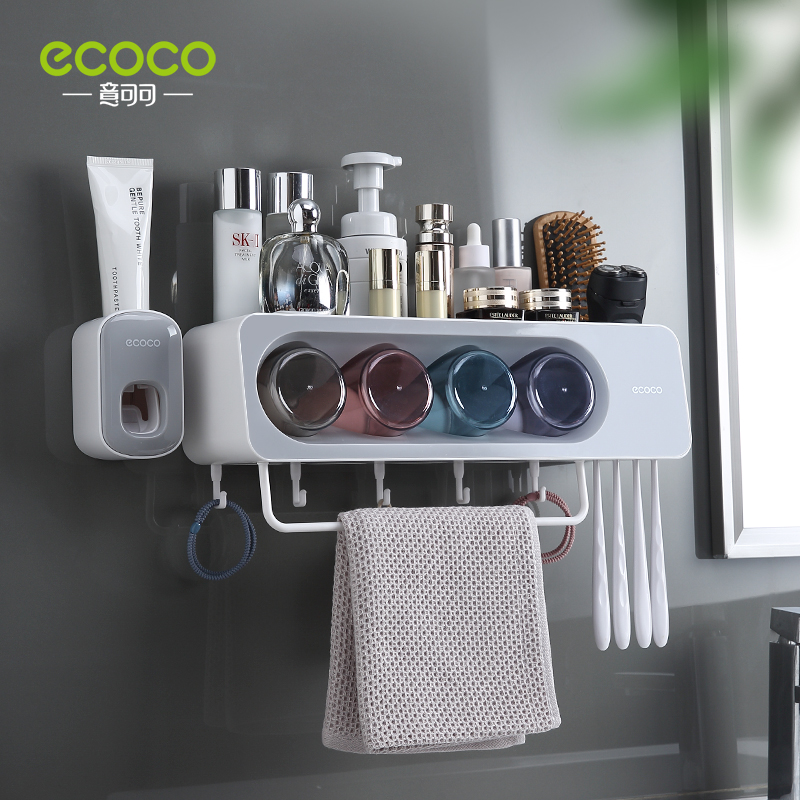ECOCO Multifunctional Toothbrush Holder Towel Bar Free Punching Automatic Toothpaste Dispenser Squeezer Bathroom oom Accessories: 4 Cup Gray Squeezer