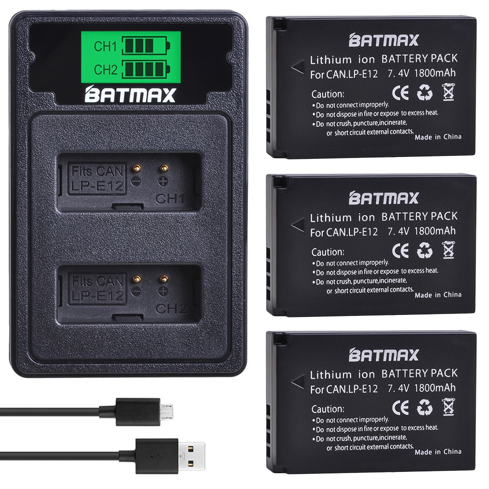 Batmax lp -e12 lpe 12 kamera batteri + lcd usb dual oplader med type c port til canon eos  m50,  eos  m100,100d kiss  x7 rebel  sl1
