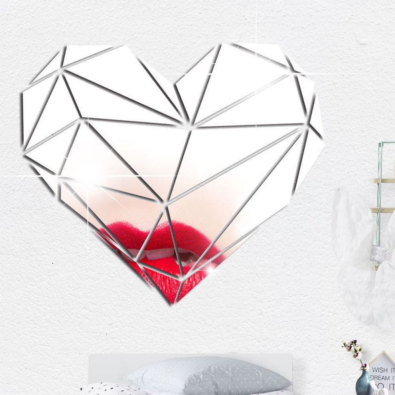 Geometric Heart-shape Mirror Stickers Self Adhesive Living Room Home Decor Wall Stickers Decal Art Valentine's Day