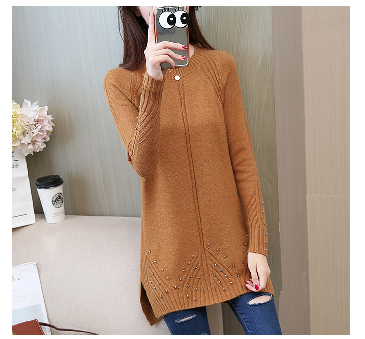 Women's Knitted Wool Dress Winter Turtleneck Beading Split Slim Thicken Medium Long Sweater Tops Female