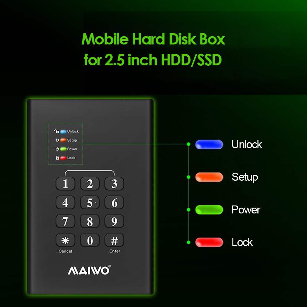 MAIWO da 2.5 pollici SATA III a USB 3.0 custodia per disco rigido cifrata da 2TB custodia per SSD HDD bloccata con Password custodia per disco rigido esterna