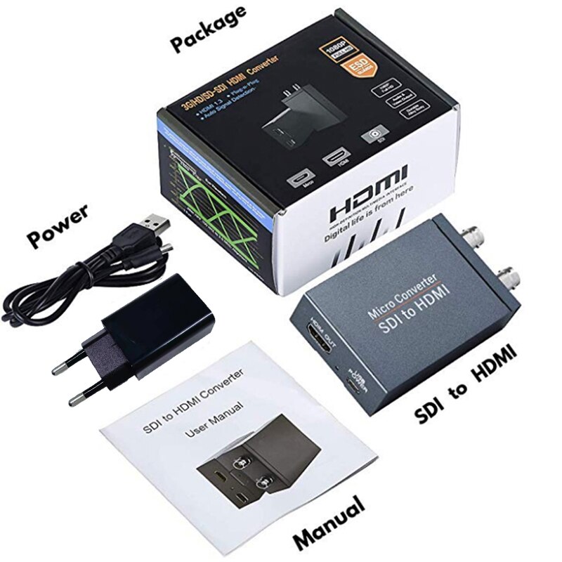 SDI HDMI-Compatible for Camera SDI to HDMI-Compatible Converter HD 3G Video Mini Converter With Audio Video Out With Power Plug: With EU PLug
